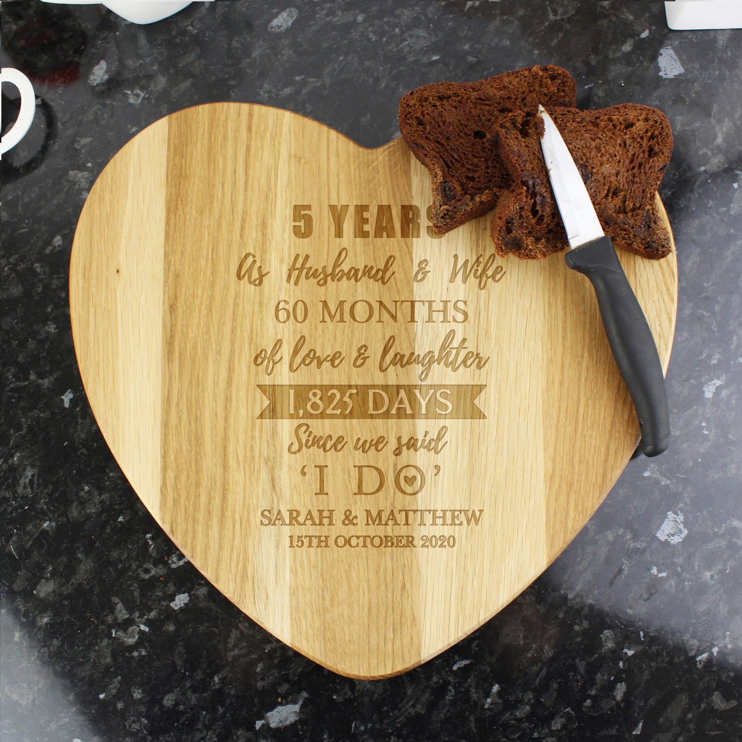 5th Anniversary Gift - Personalised Wood Heart Chopping Board