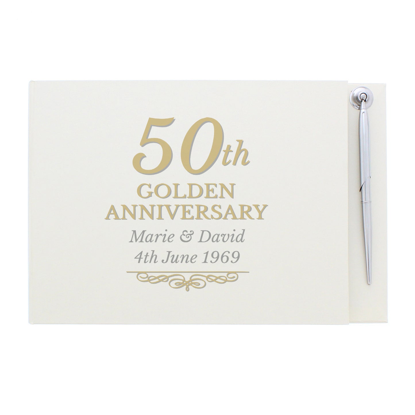 Golden 50th Anniversary Gift - Personalised Hardback Guest Book & Pen