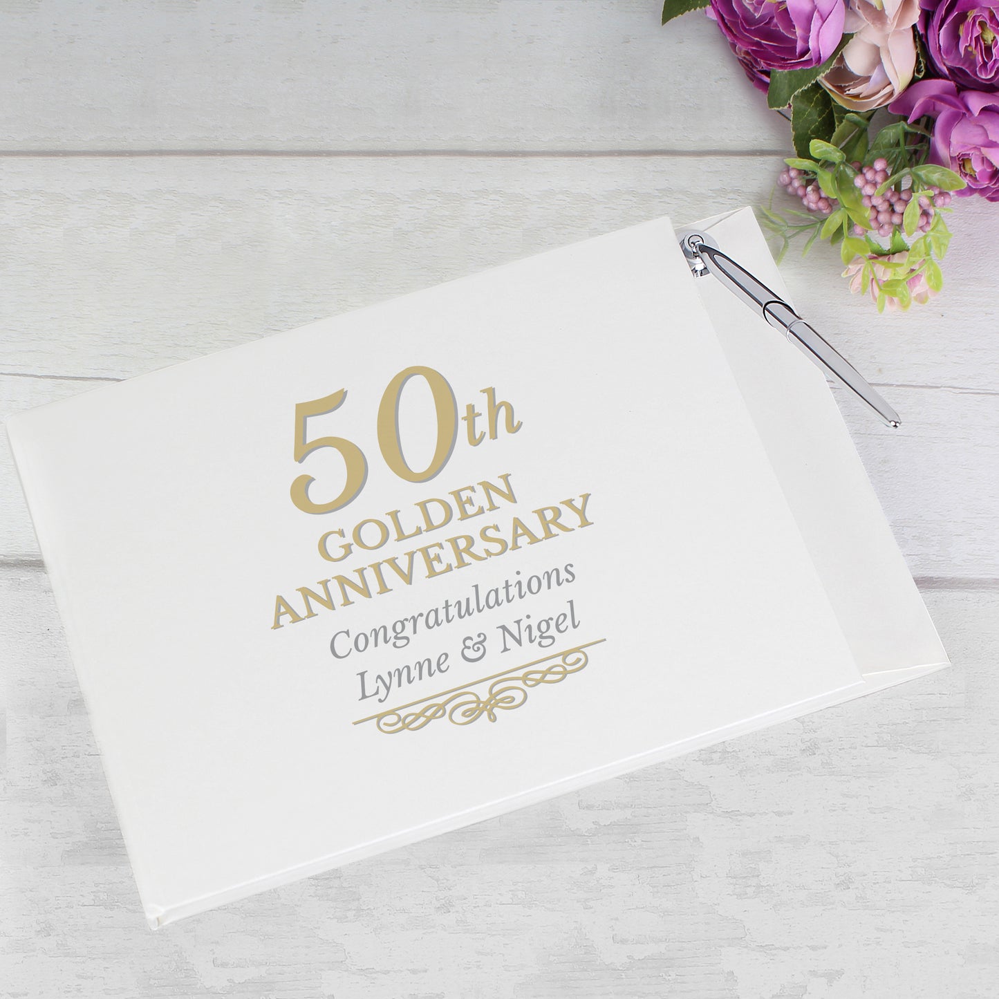 Golden 50th Anniversary Gift - Personalised Hardback Guest Book & Pen