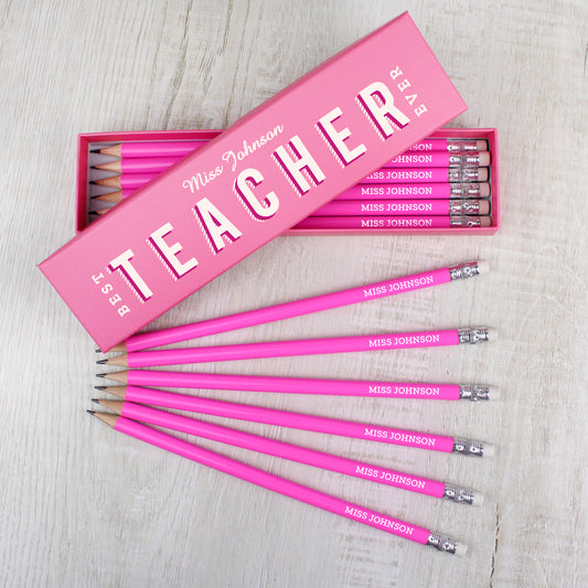 Personalised Best Teacher Ever Box & 12 Pink HB Pencils