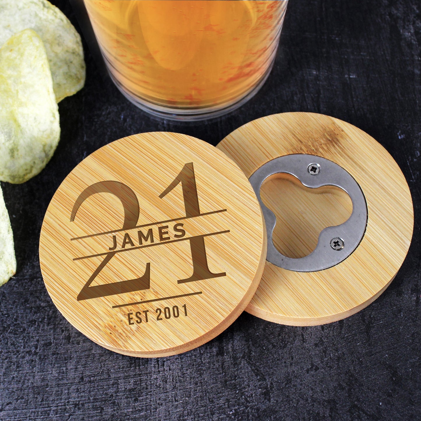 Age 21 Gift - Personalised Bamboo Bottle Opener Coaster