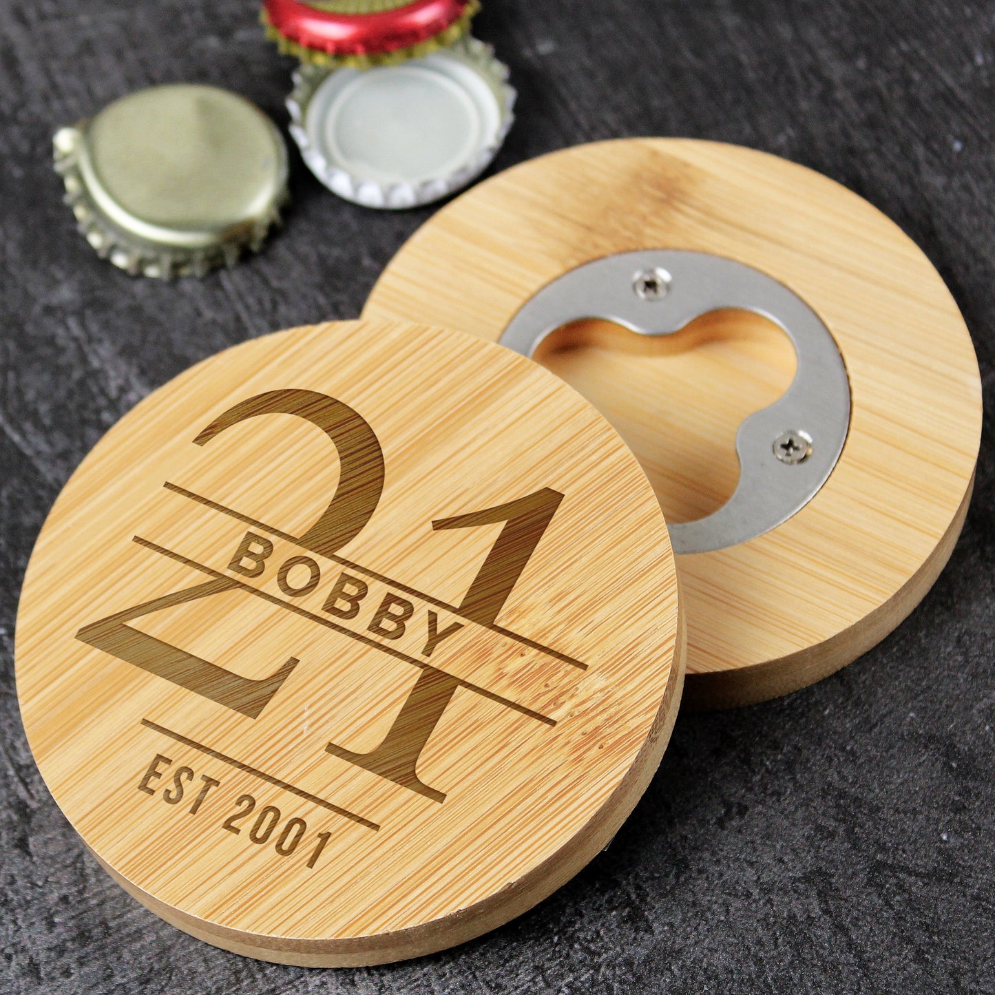 Age 21 Gift - Personalised Bamboo Bottle Opener Coaster