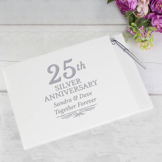 Silver 25th Anniversary - Personalised Hardback Guest Book & Pen