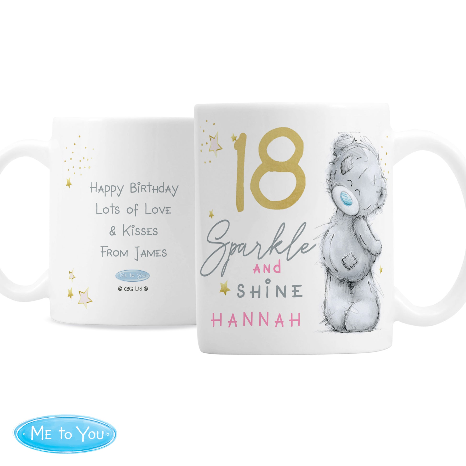 Personalised mug with a bear design and text on a white background