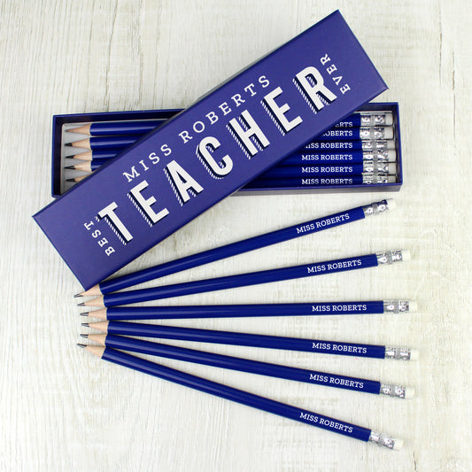 Personalised Best Teacher Ever Box & 12 Blue HB Pencils