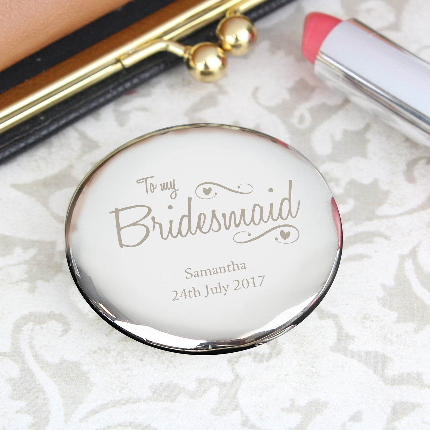 Personalised Bridesmaid Swirls & Hearts Compact Mirror