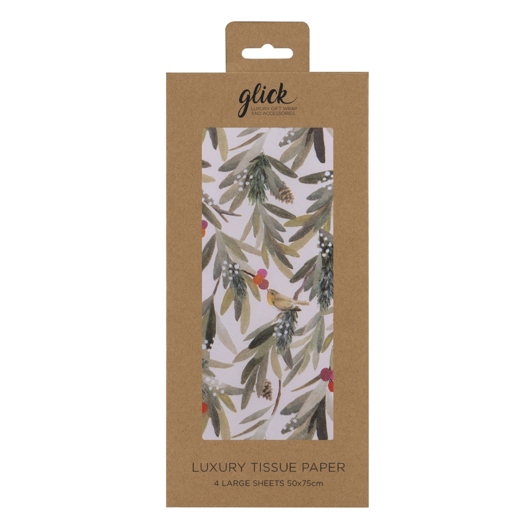 Off white tissue paper with foliage, berries and birds design