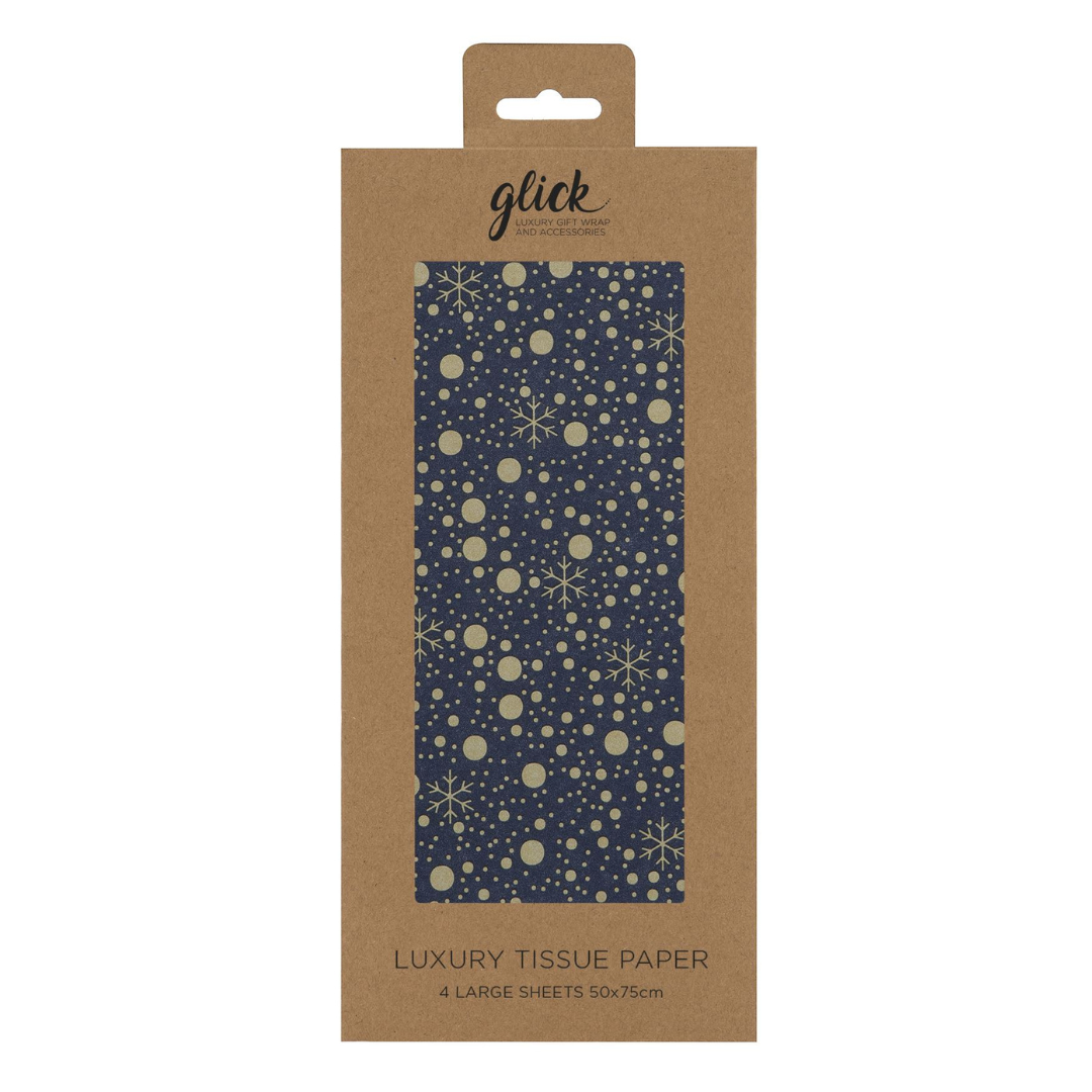 Navy tissue with gold snowflakes and spots