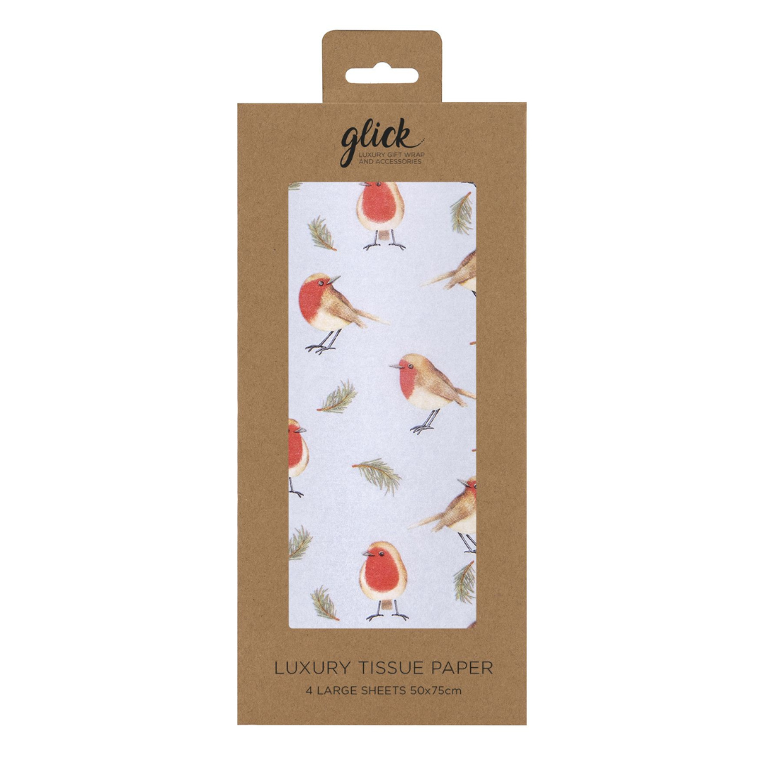 Christmas Printed Tissue Paper - Silver Robins