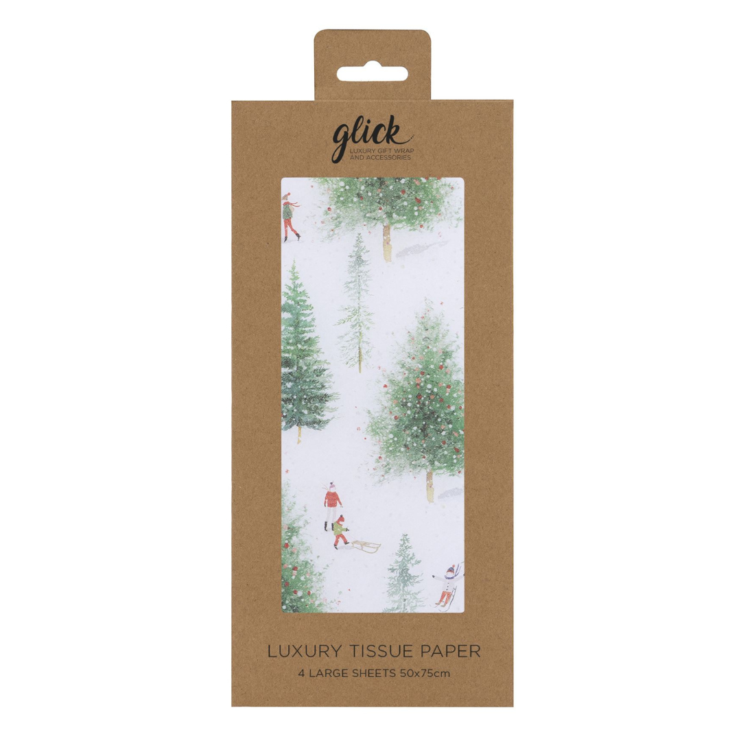 White snowscene printed tissue with christmas trees and and sled fun