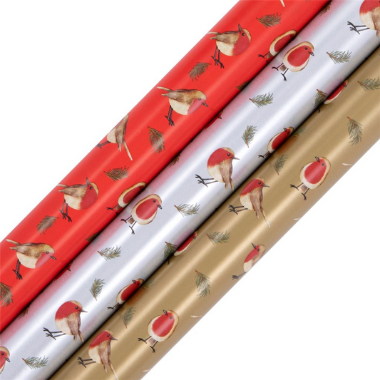 Image showing 3 x Rollwraps featuring robins, I x Red, Gold & Silver