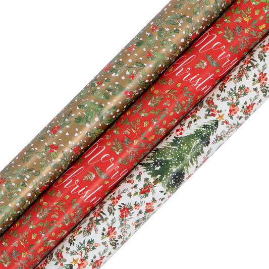 3 x Rollwraps with foliage and berries. 1 x Red, white & gold theme.