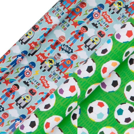 Football & Superhero Rollwrap Collection Displayed Together