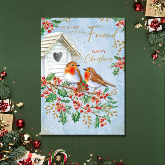 Friend Christmas Card - Birdhouse Robins
