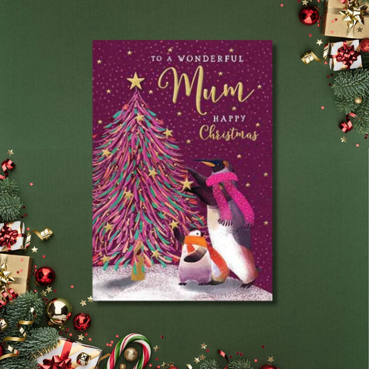 Mum Christmas Card - Penguins Decorating The Tree