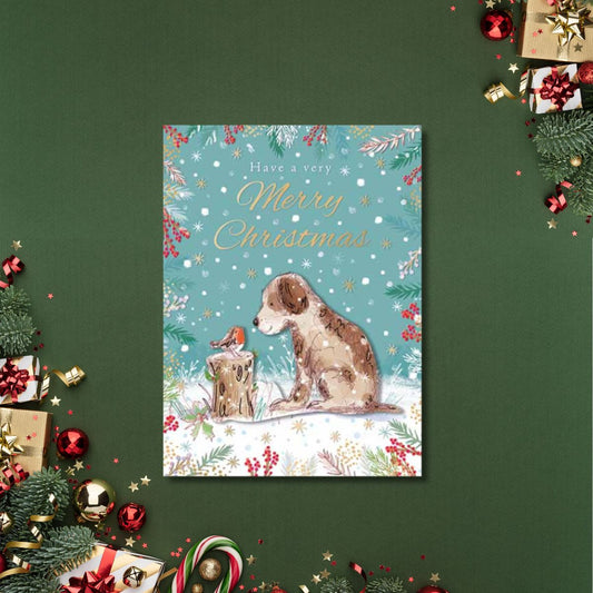 Open Christmas Card - Dog & Robin