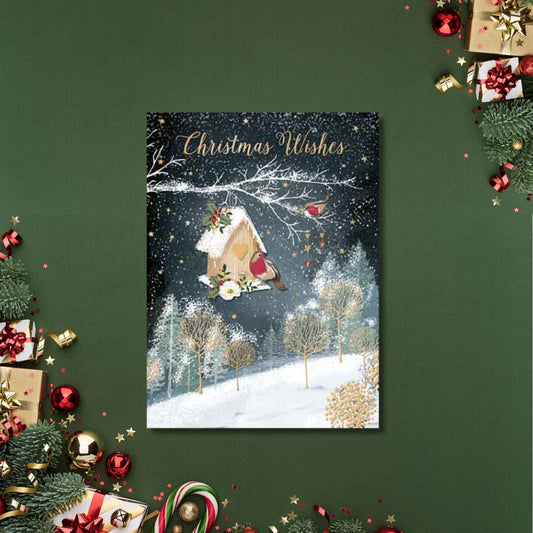 Open Christmas Card - Snowy Birdhouse