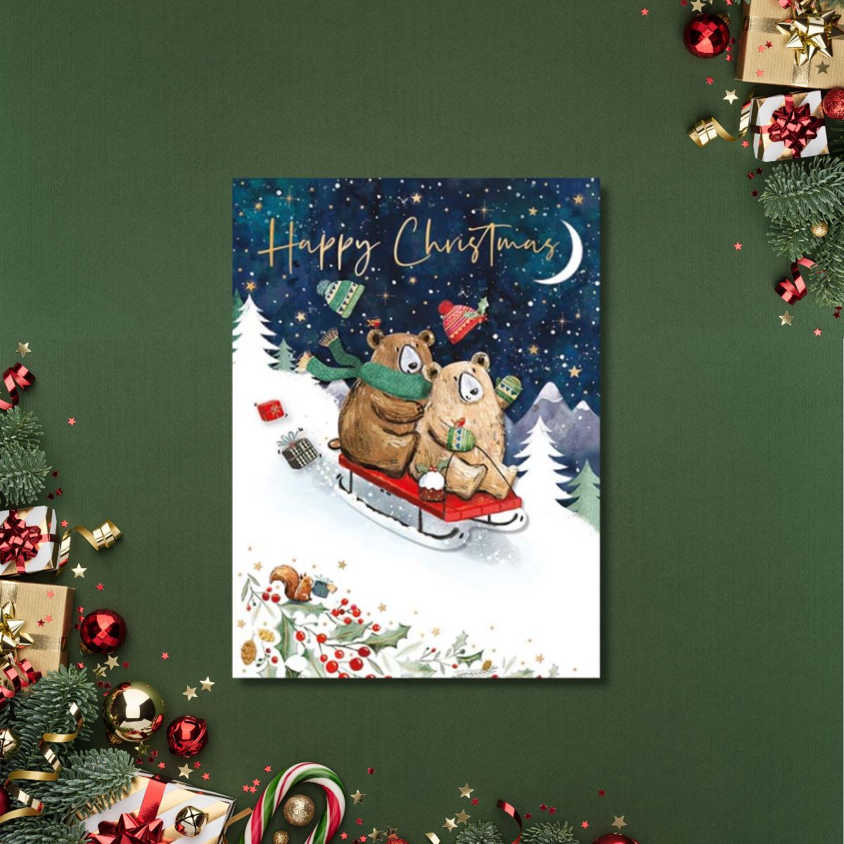Open Christmas Card - Bear Sleigh Ride
