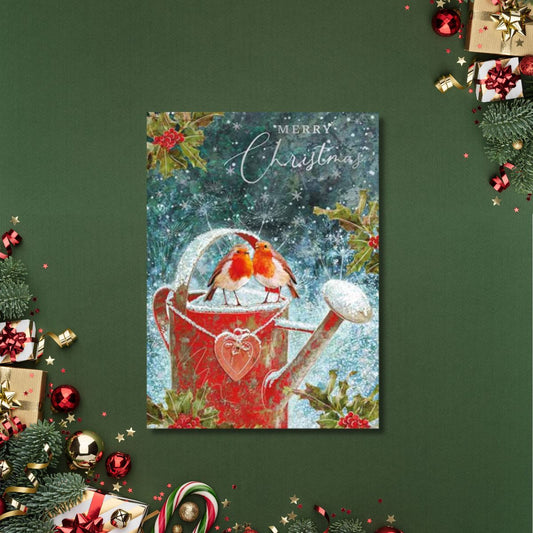 Open Christmas Card - Watering Can Robins