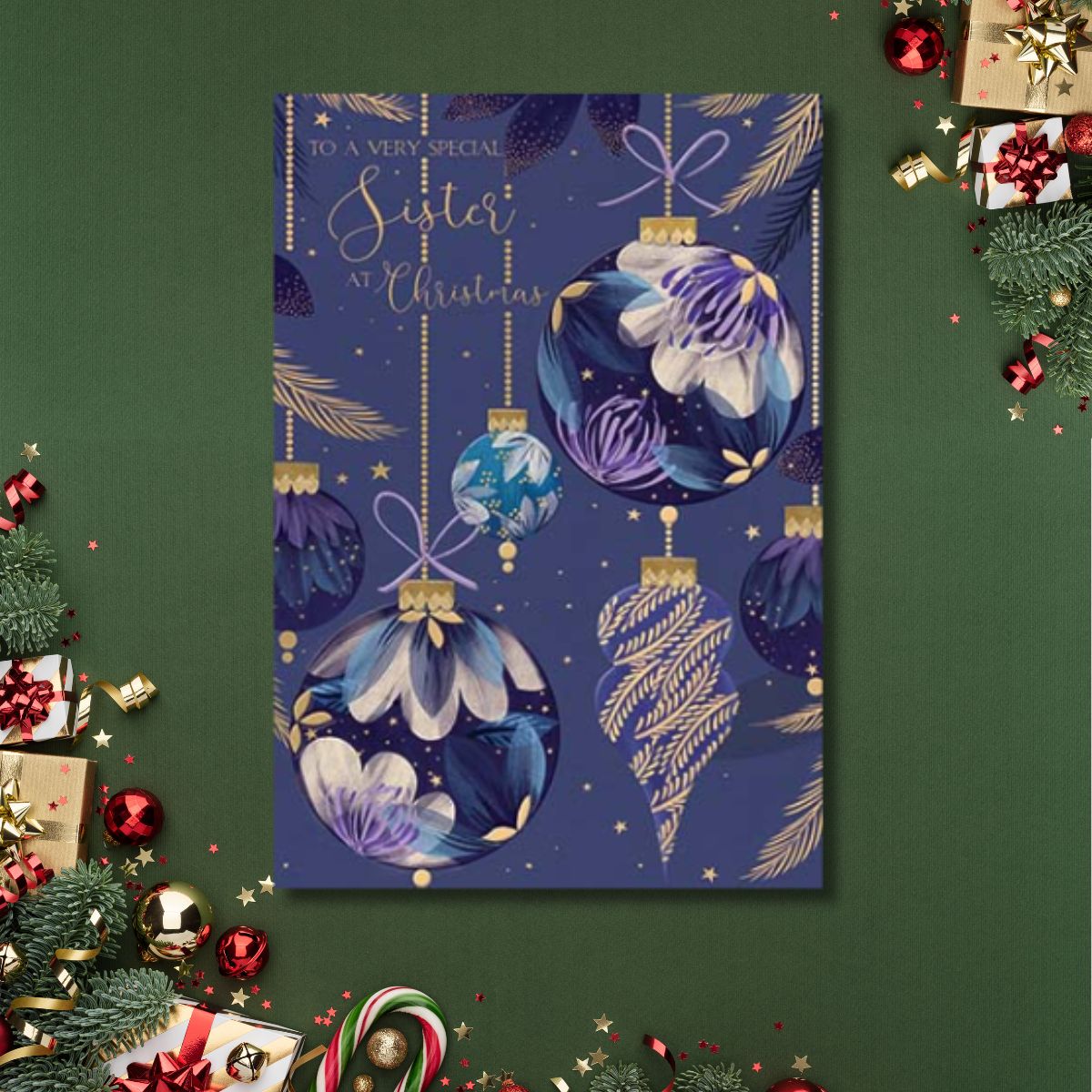 Sister Christmas Card - Decorated Baubles