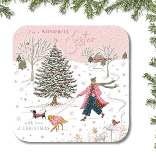 Sister Christmas Card - Snowy Dog Walk