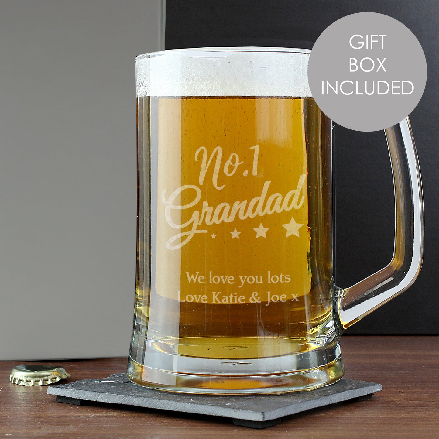 Glass mug with 'Cheers!' text and personalised message on a coaster, gift box included.