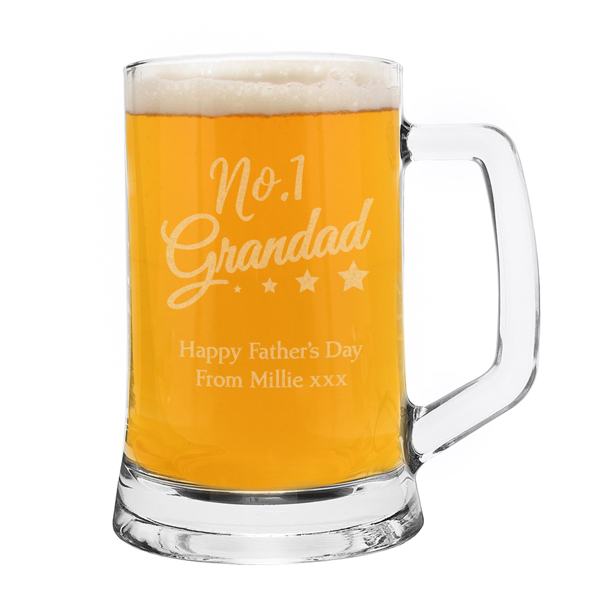 Clear glass mug with yellow liquid and engraved text on a white background