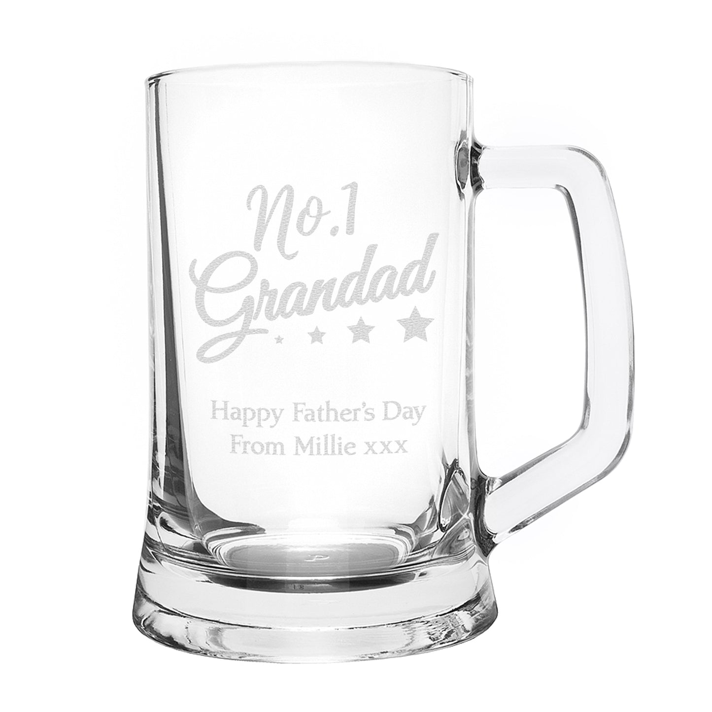Clear glass mug with engraved text on a white background