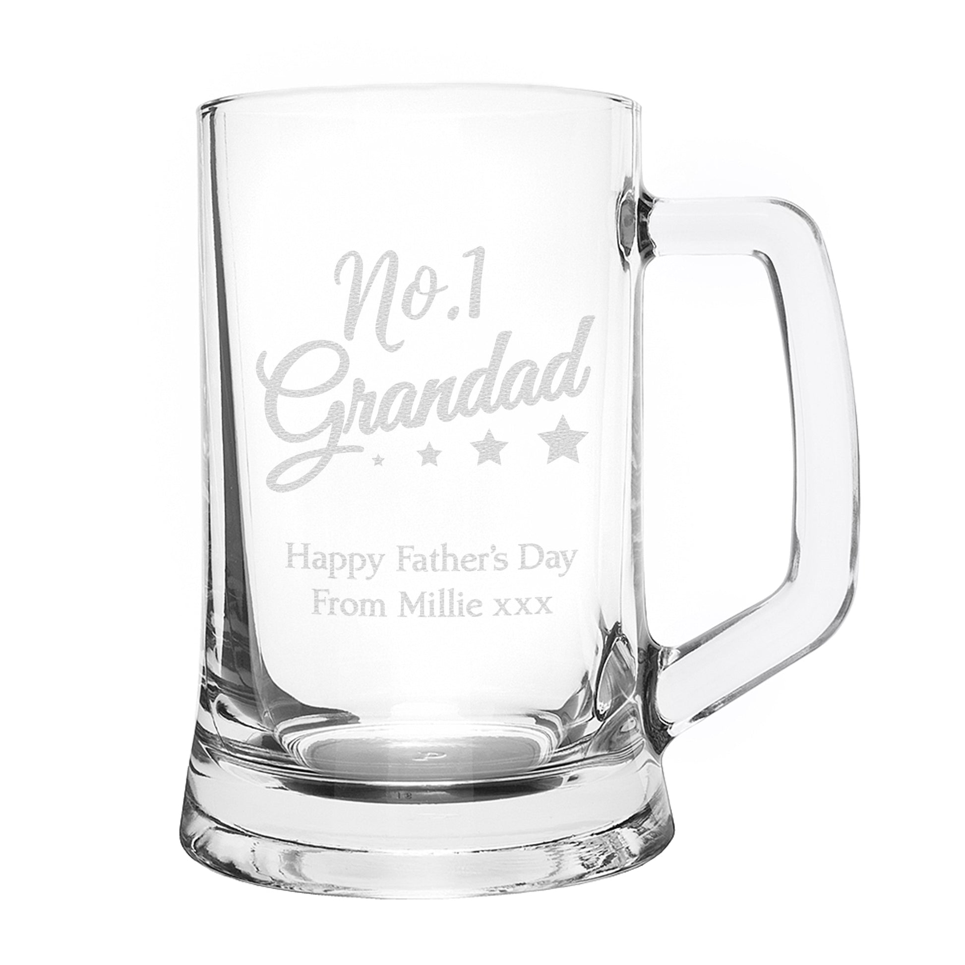 Clear glass mug with engraved text on a white background