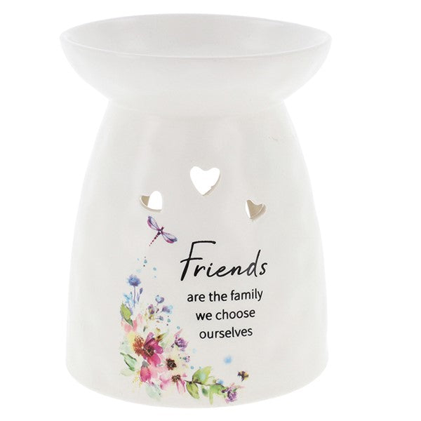 Wildflower Blossom Oil Burner in porcelain with cut-out hearts  with text reading - Friends are the family we choose ourselves.