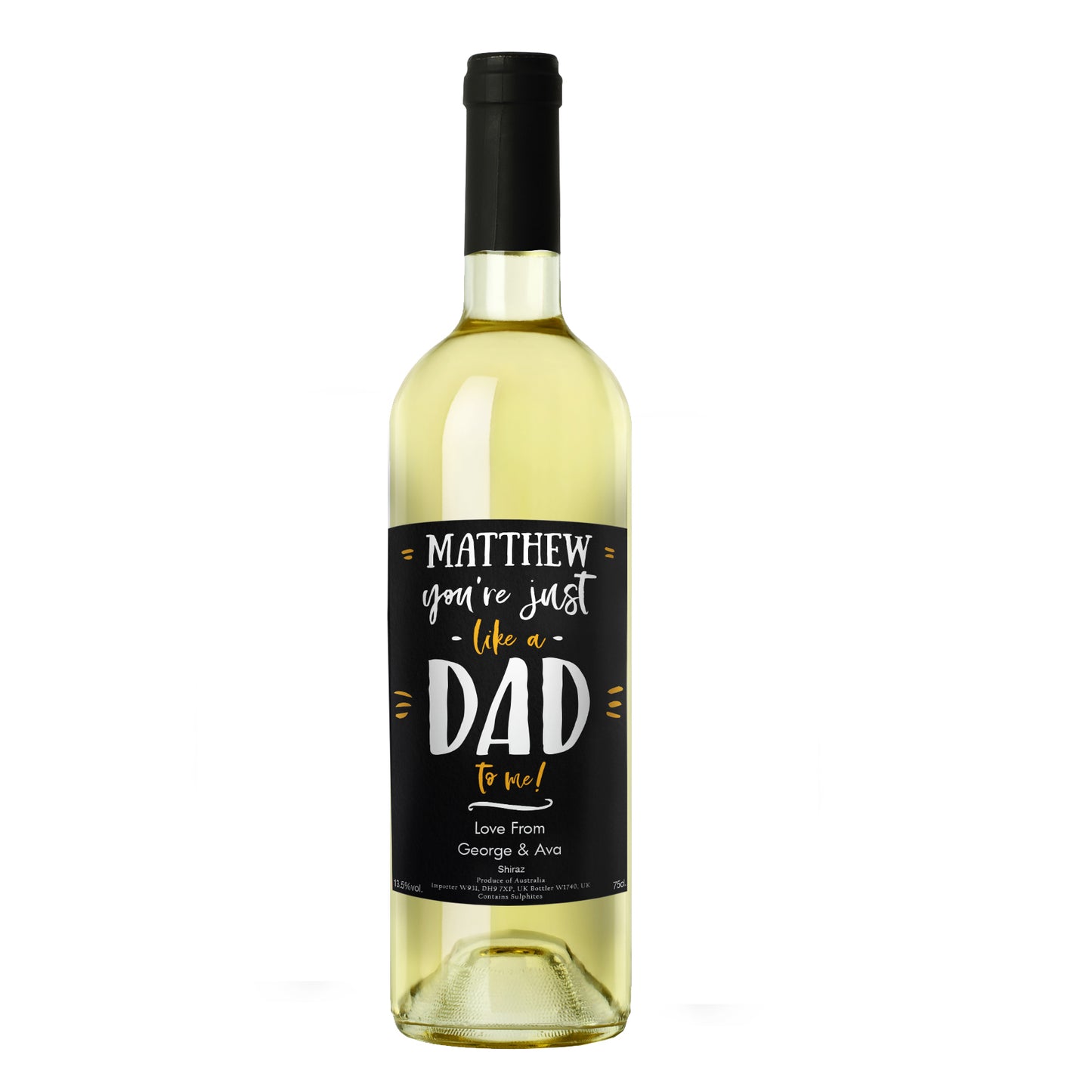 Wine bottle with a personalised label on a white background