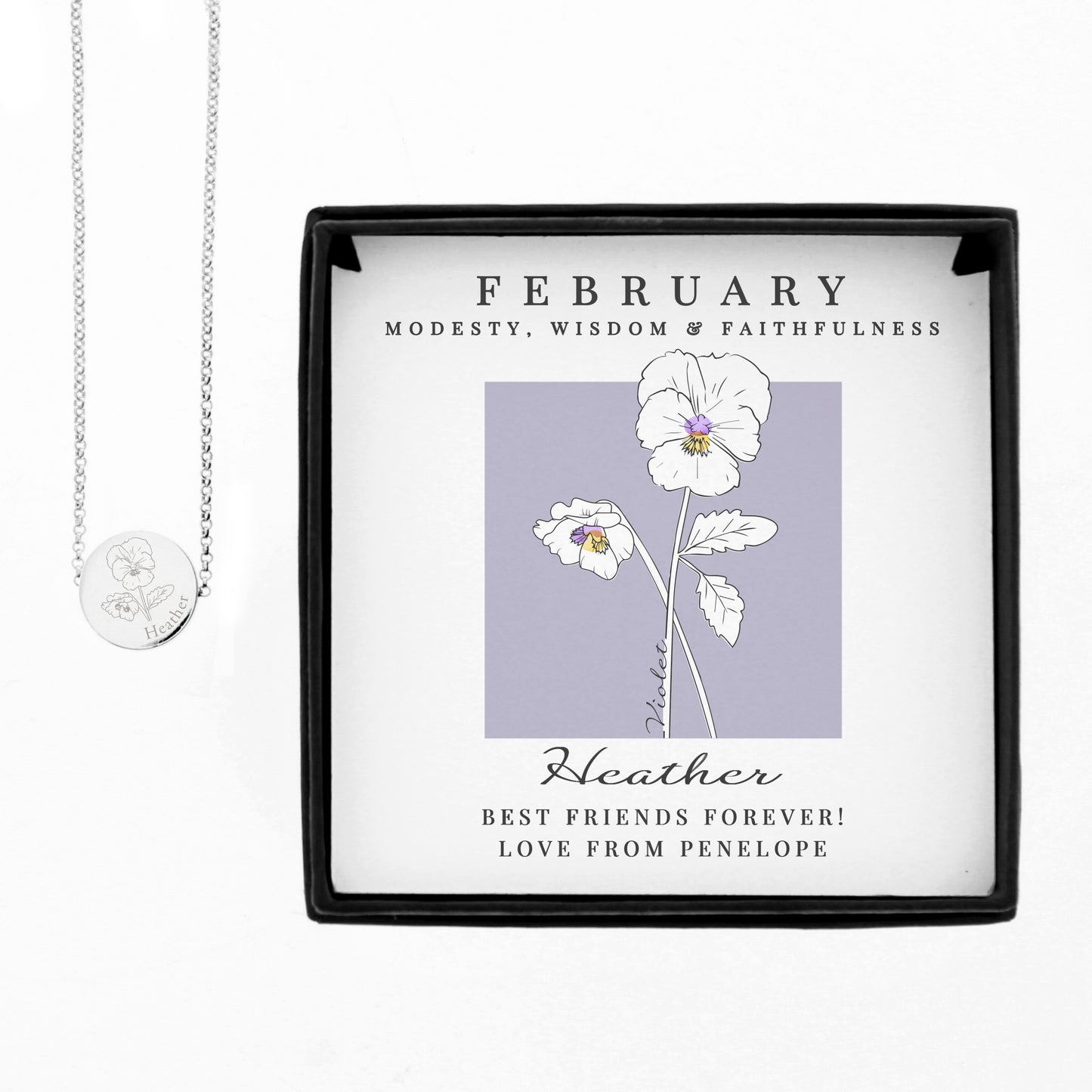 Necklace with a floral birth month pendant in a decorative box labelled 'February'.