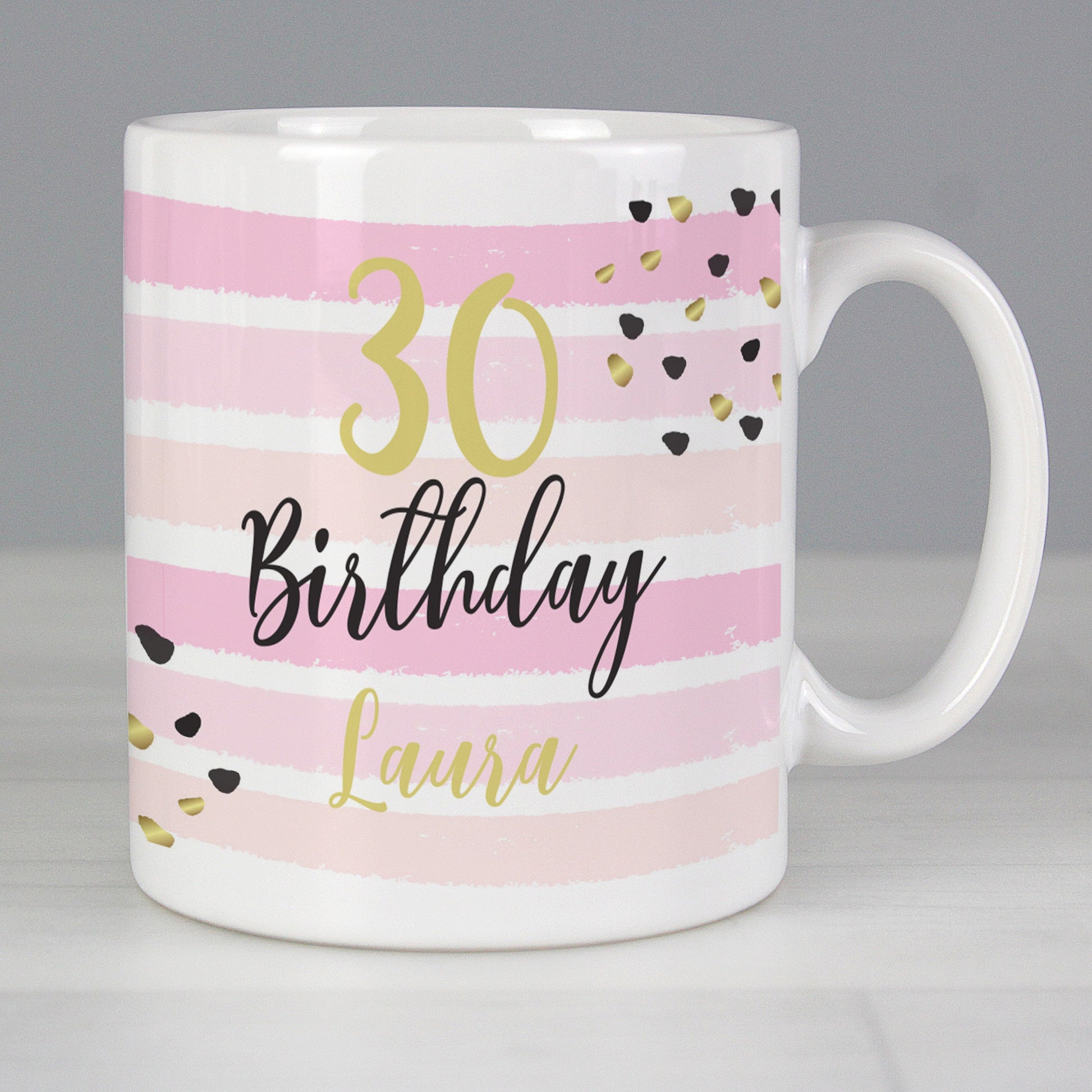 Personalised 30th Birthday Pink And Gold Striped Mug