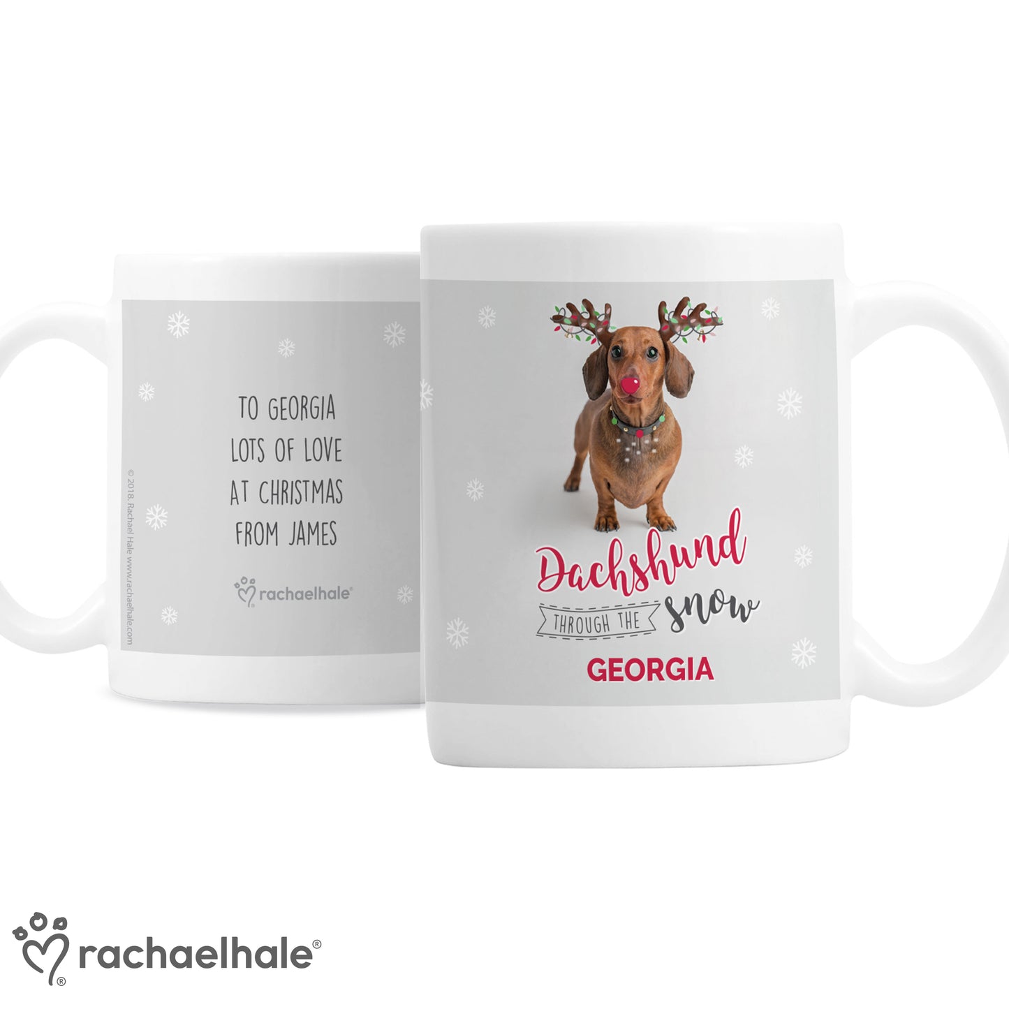 Personalised Rachael Hale Dachshund Through the Snow Mug