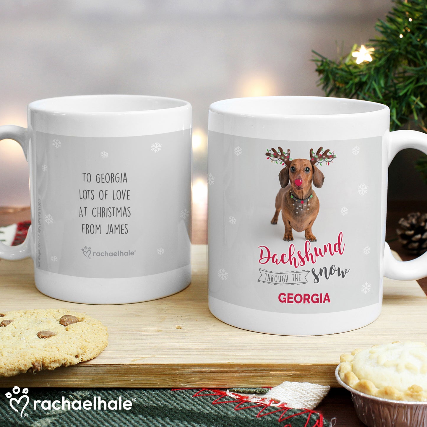 Personalised Rachael Hale Dachshund Through the Snow Mug