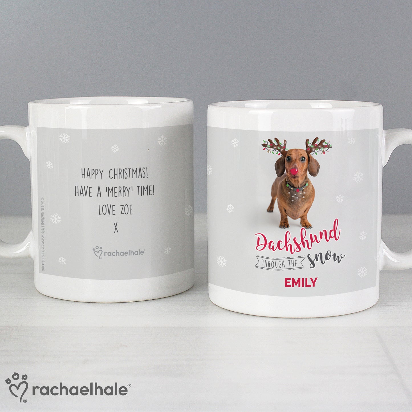 Personalised Rachael Hale Dachshund Through the Snow Mug