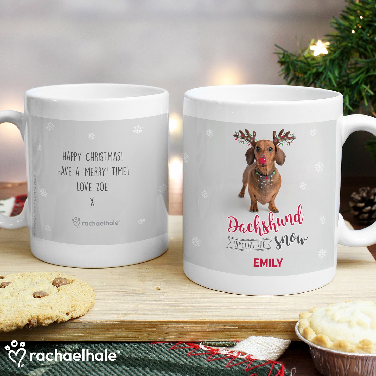 Personalised Rachael Hale Dachshund Through the Snow Mug