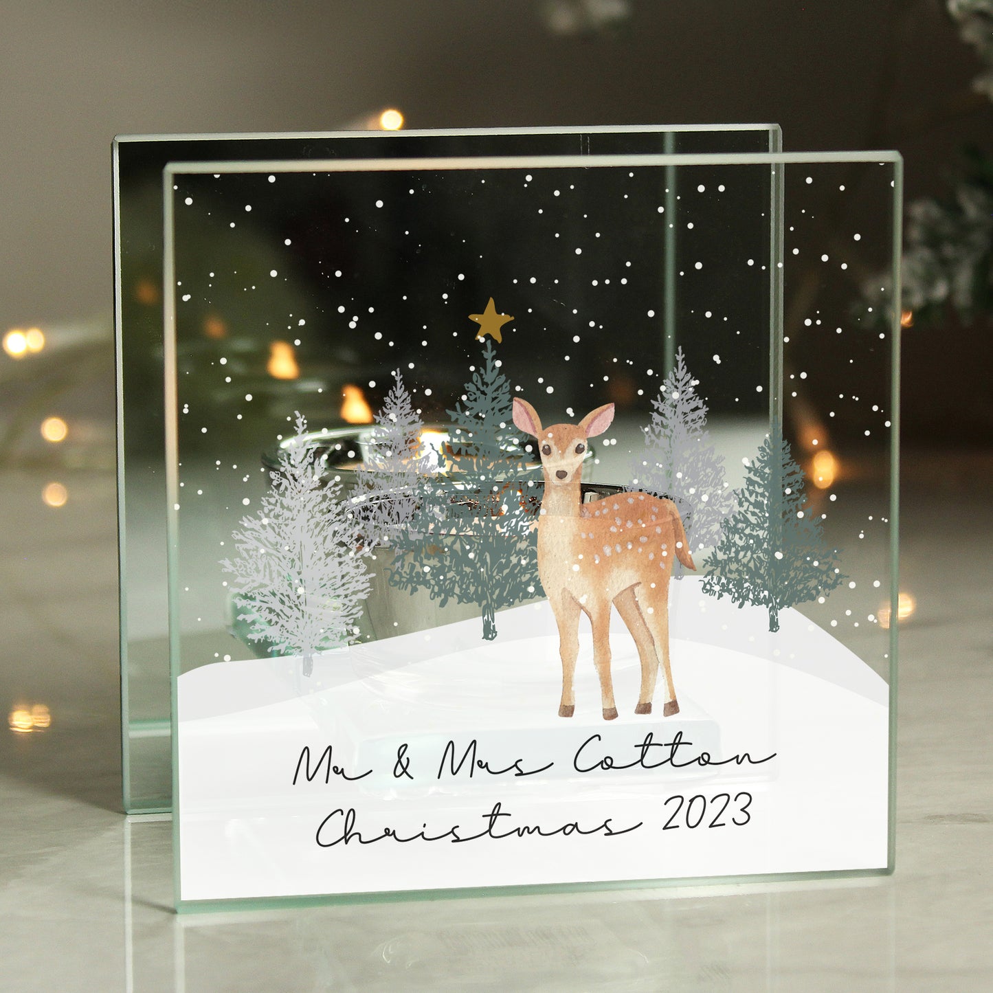 Personalised Deer Glass Tea Light Candle Holder