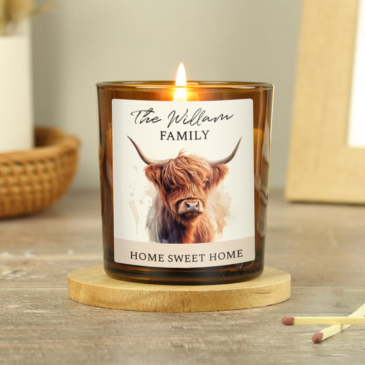 Personalised Highland Cow Amber Candle