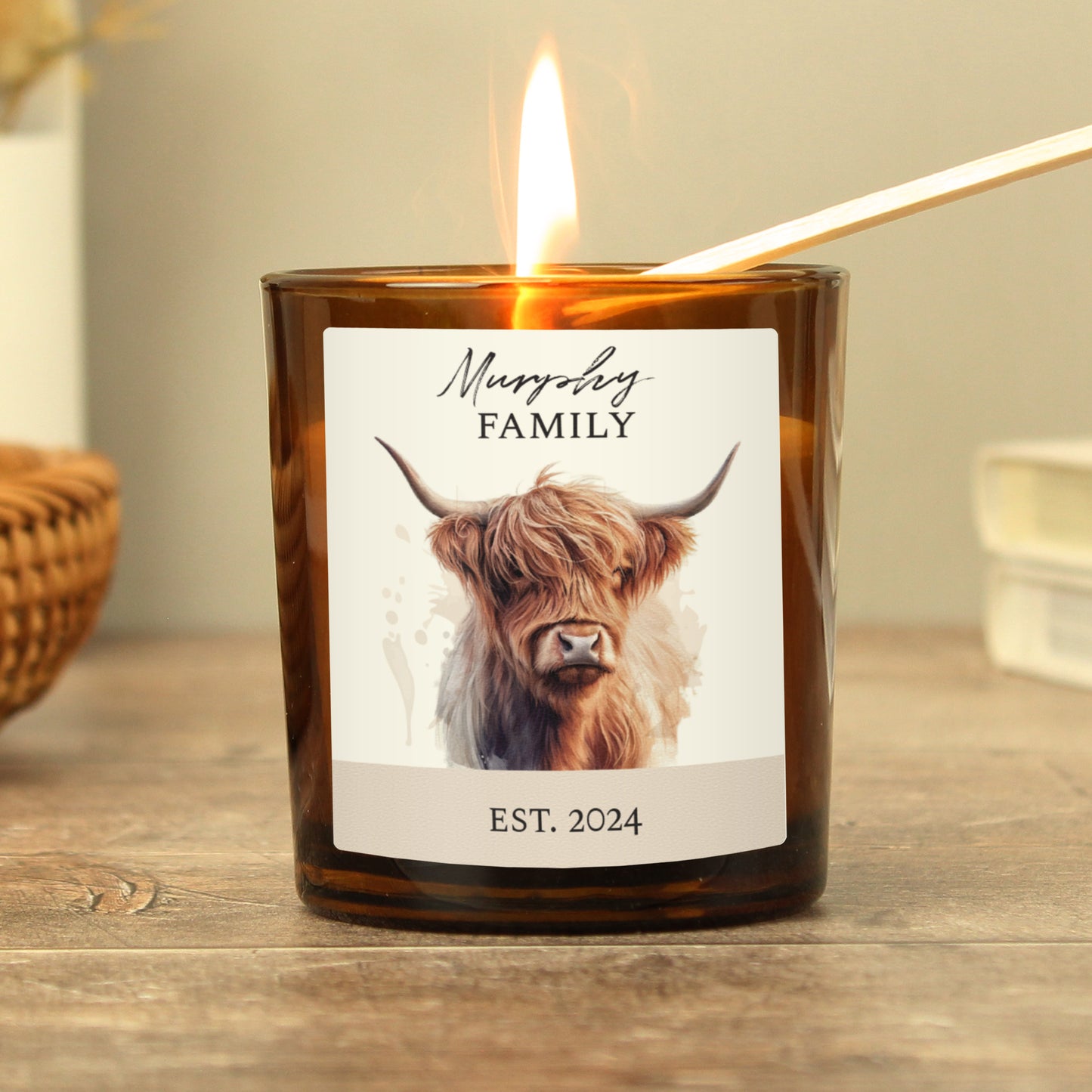 Personalised Highland Cow Amber Candle