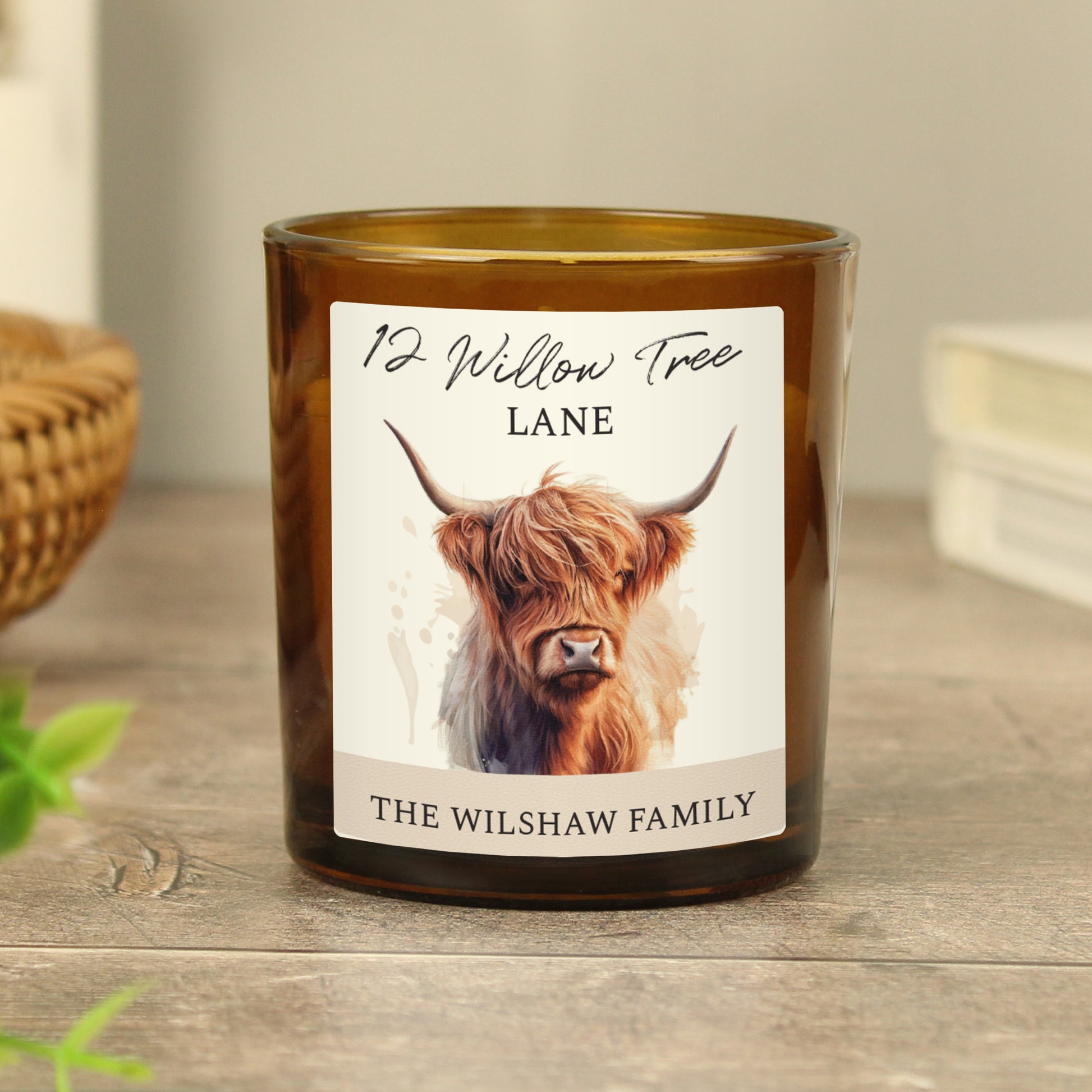 Personalised Highland Cow Amber Candle