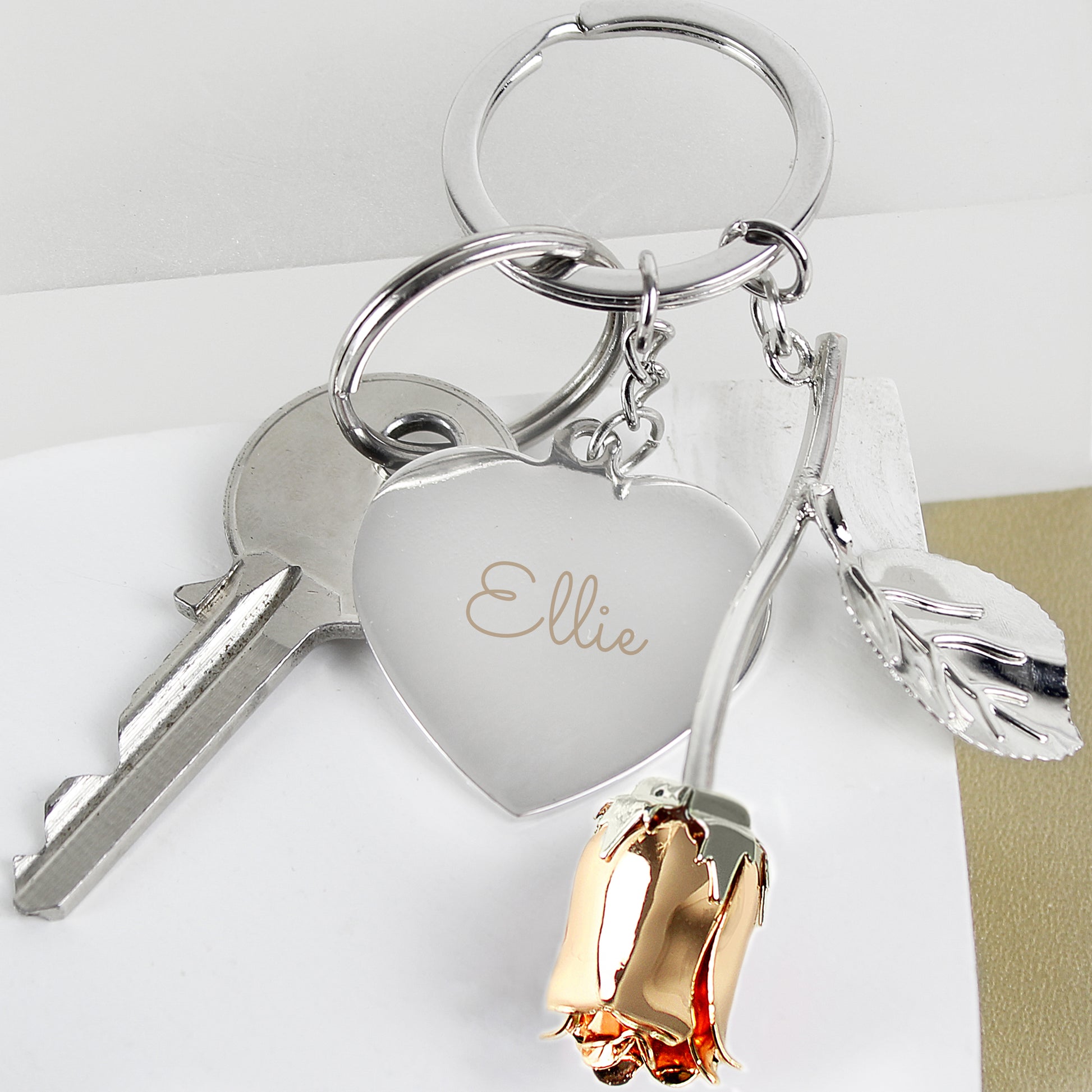 Personalised Rose Gold Rose Keyring