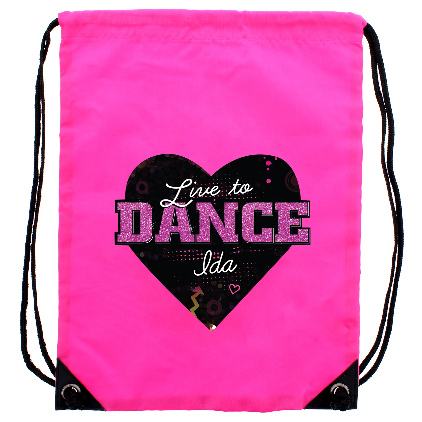 Pink drawstring bag with a black heart-shaped design and 'Live to Dance Ida' text on a white background