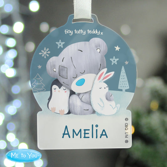 Personalised Winter Explorer Tiny Tatty Teddy Acrylic Snow Globe Hanging Decoration