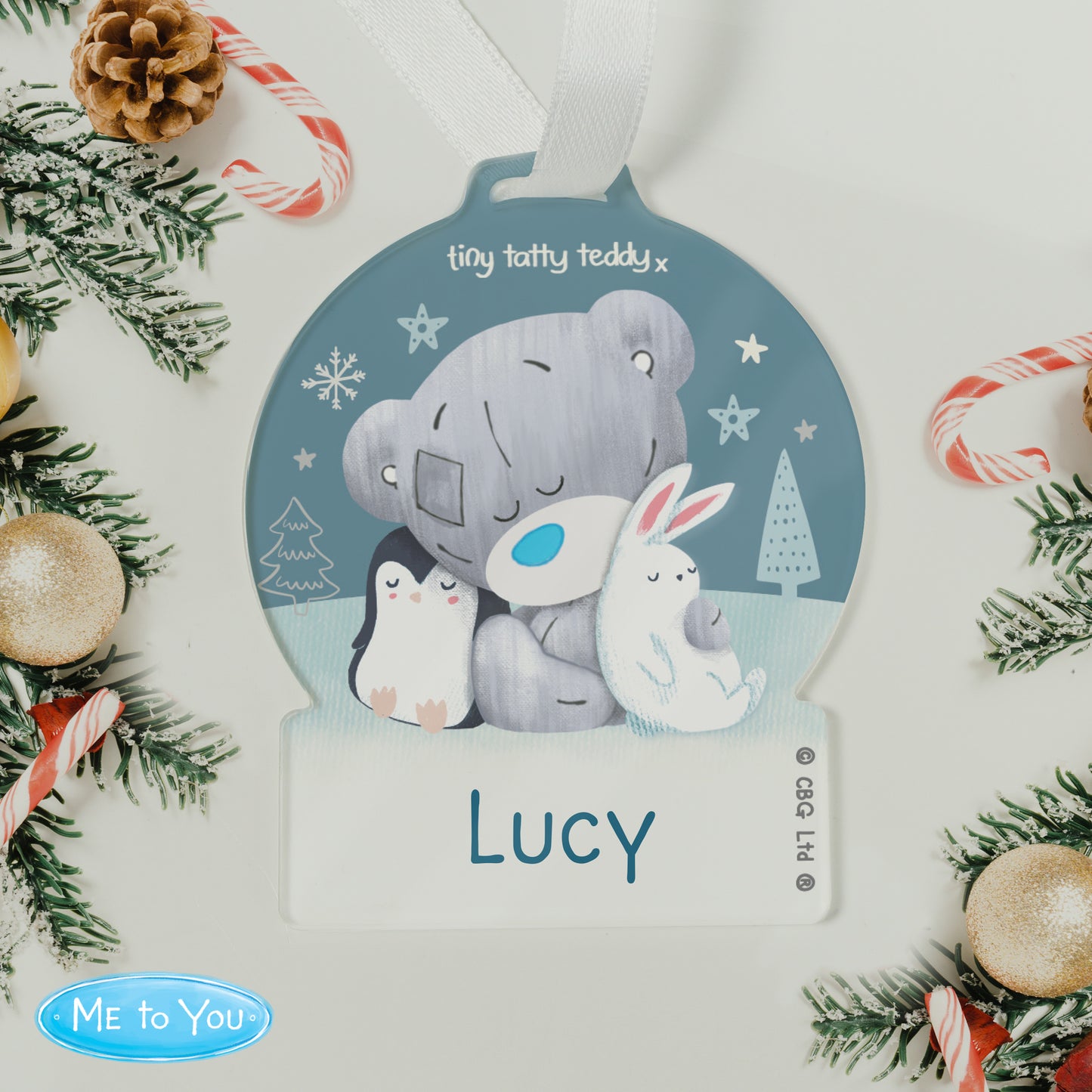 Personalised Winter Explorer Tiny Tatty Teddy Acrylic Snow Globe Hanging Decoration