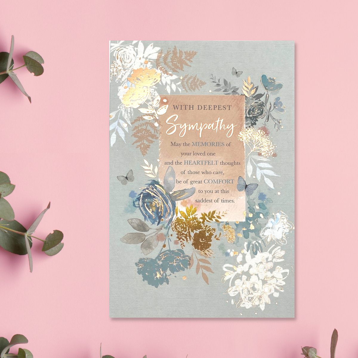 muted mint colour card with flowers and butterflies, heartfelt verse and rose gold foil accents