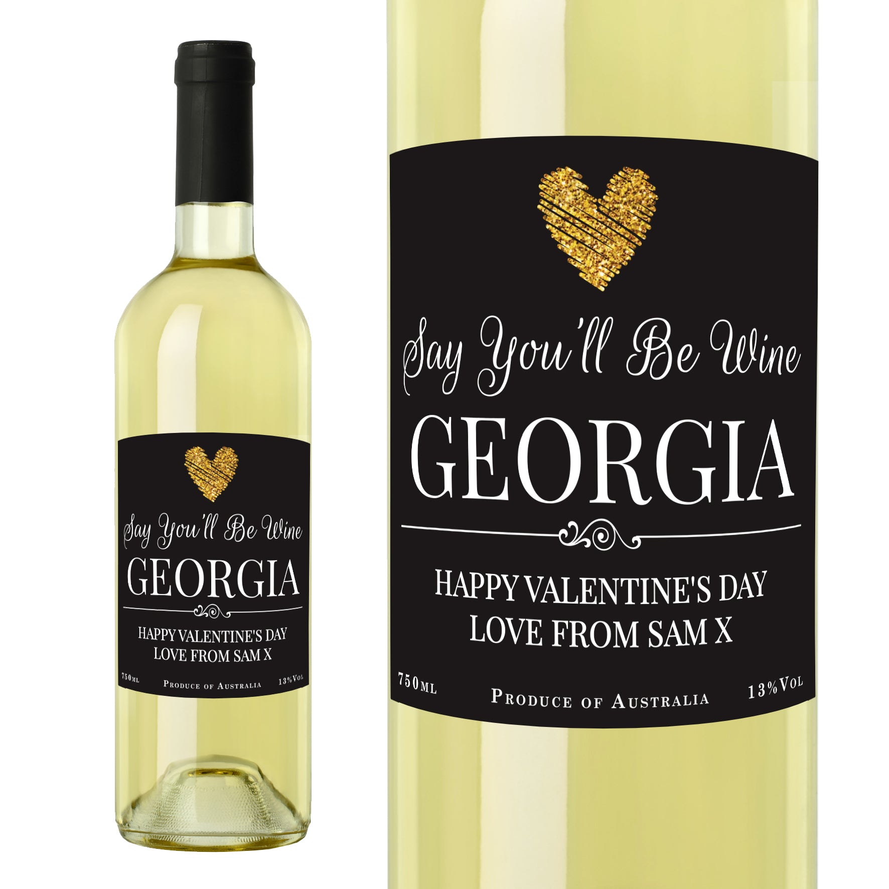 Wine bottle with a personalised label on a white background
