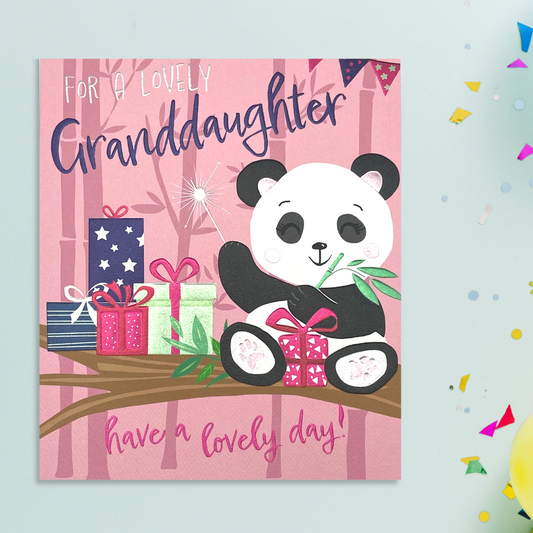 Square pink theme card wh cute panda with gifts