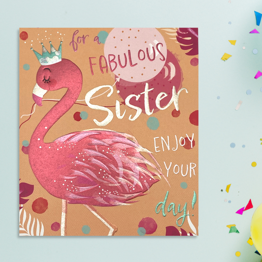 Pink and orange card with pink flamingo and pink balloons