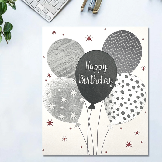 Grey black and white balloons on square card